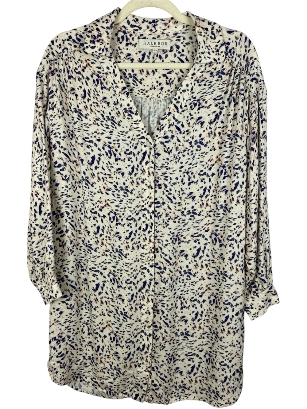 Hale Bob Abstract Animal Print Button Down Tunic Blouse Shirt Cream Blue XS